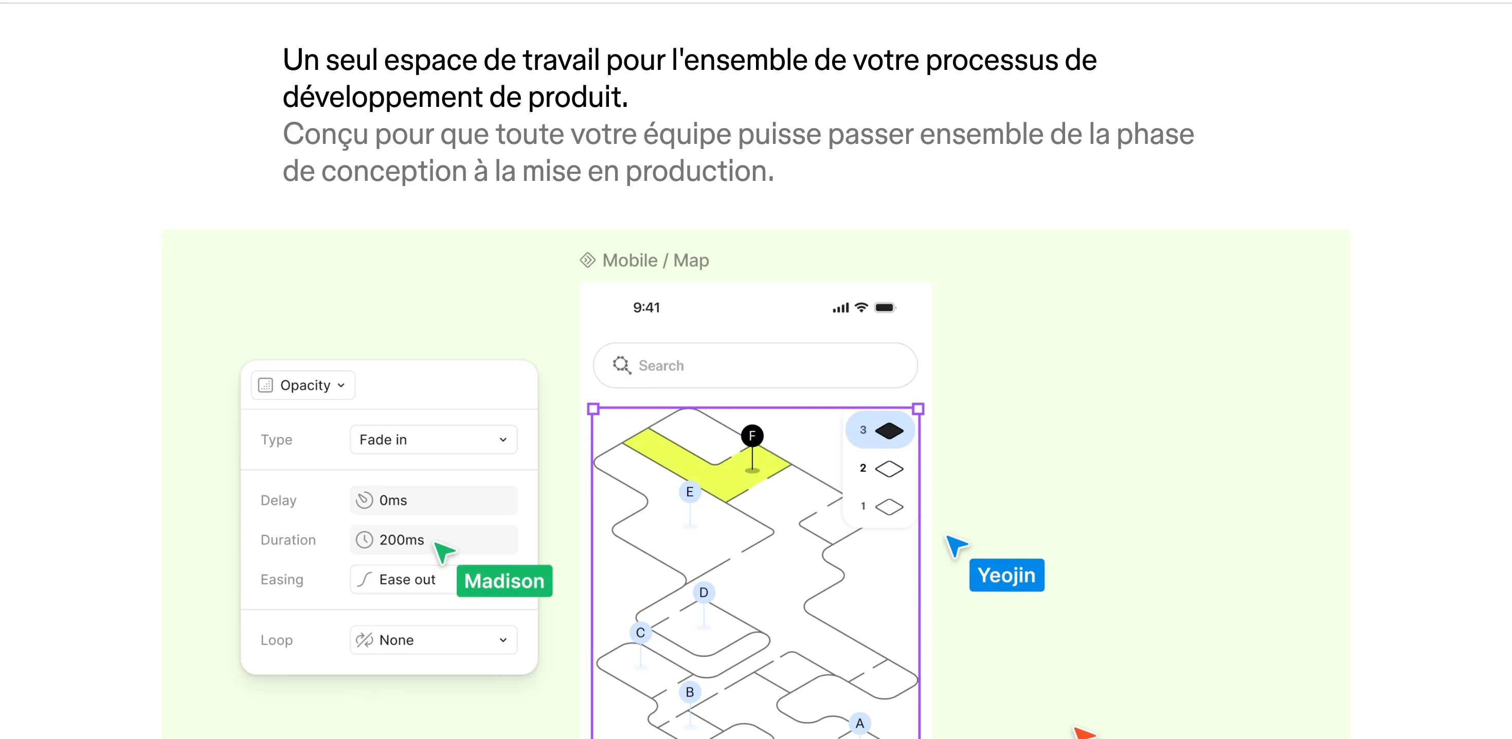 Figma : Feature · Espace de travail — Titre + sous-titre, grande démo produit sur fond pastel