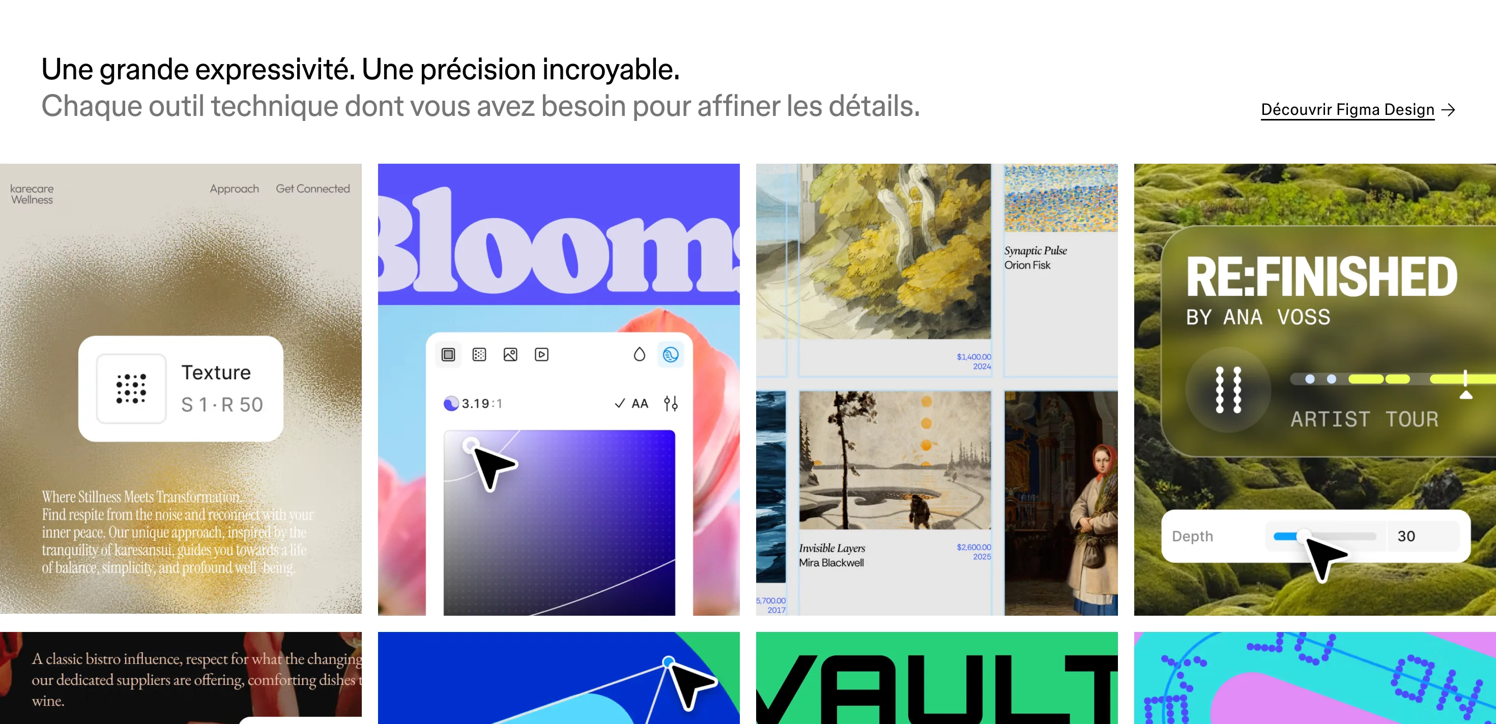 Figma : Feature · Galerie — Titre + lien, mosaïque de visuels créatifs pleine largeur