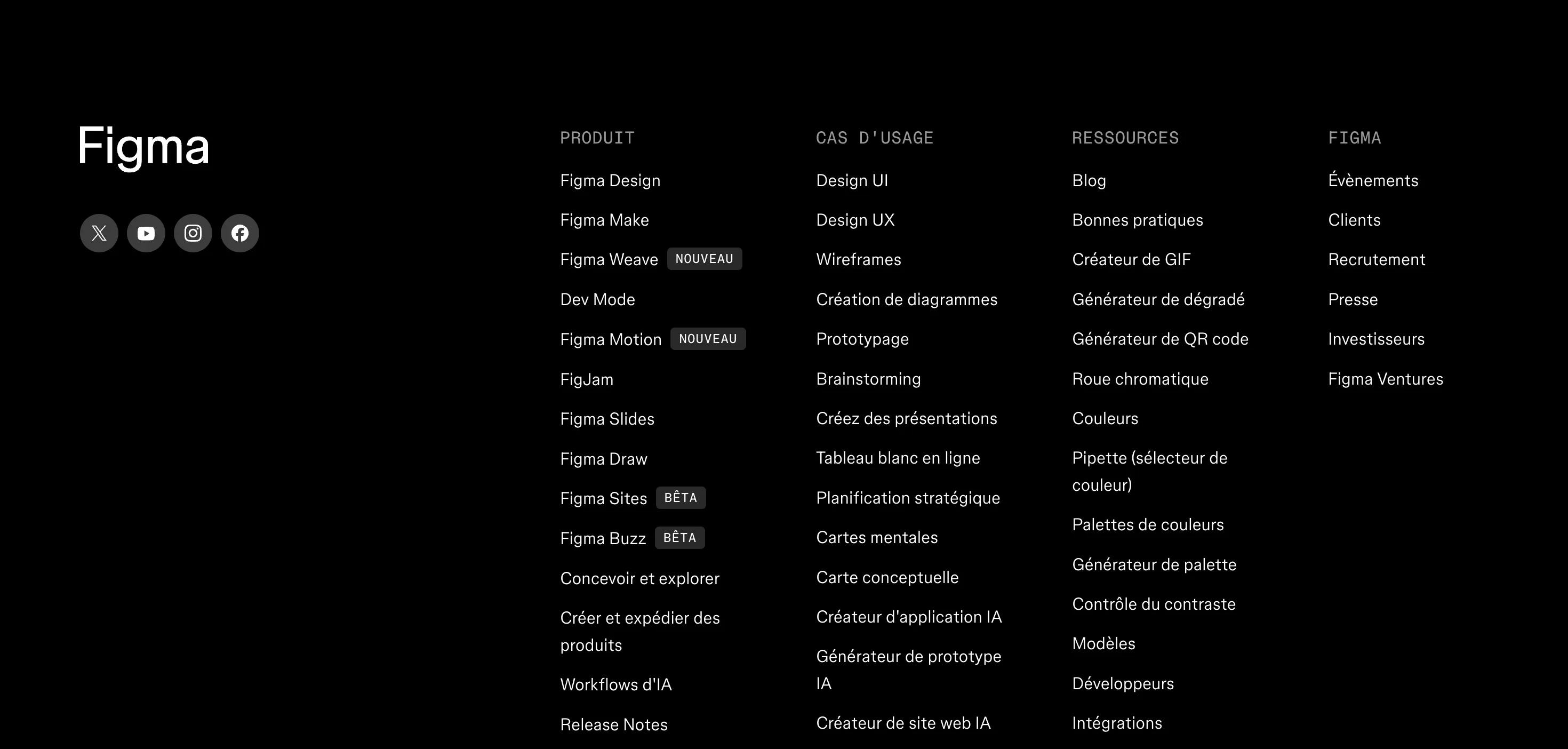 Figma : Footer — Fond noir, logo géant, réseaux, 4 colonnes de liens