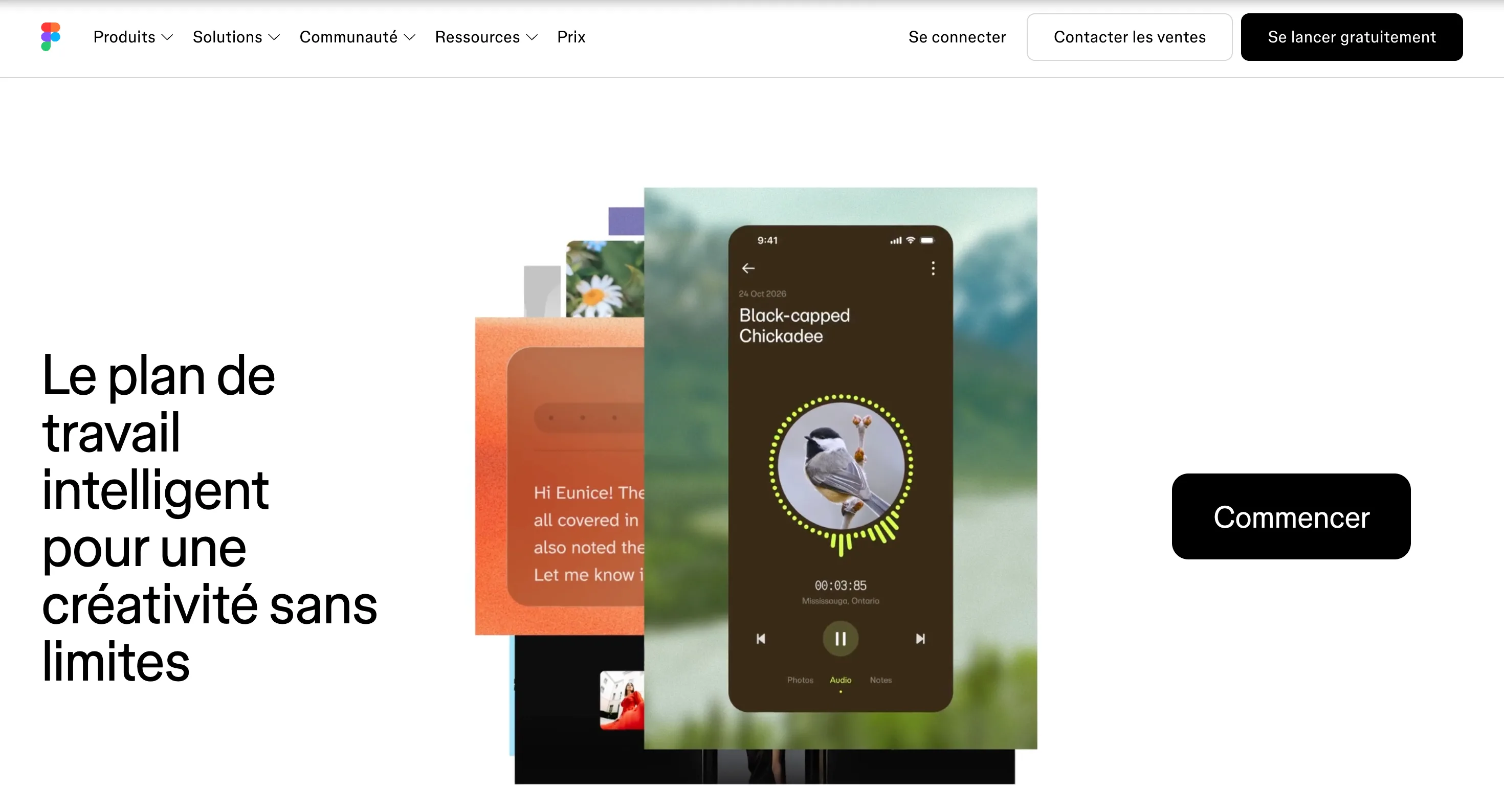 Figma : Hero — Titre géant à gauche, collage d'app centré, CTA à droite
