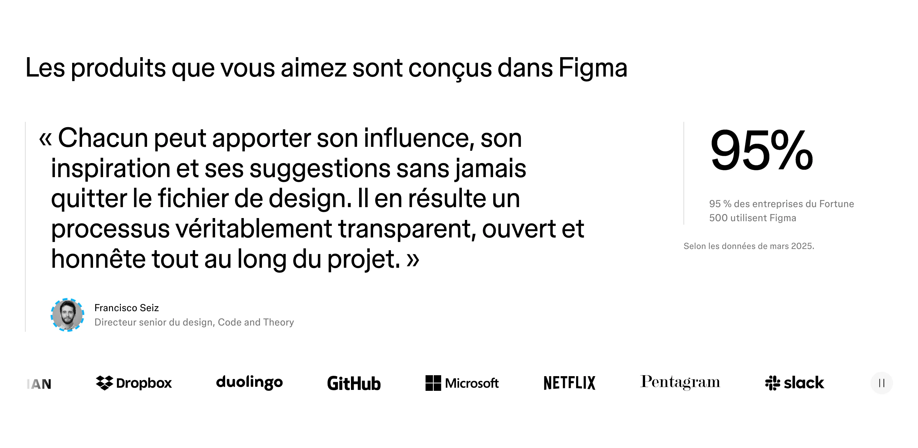 Figma : Témoignage — Citation géante, avatar, stat 95 % et bandeau de logos