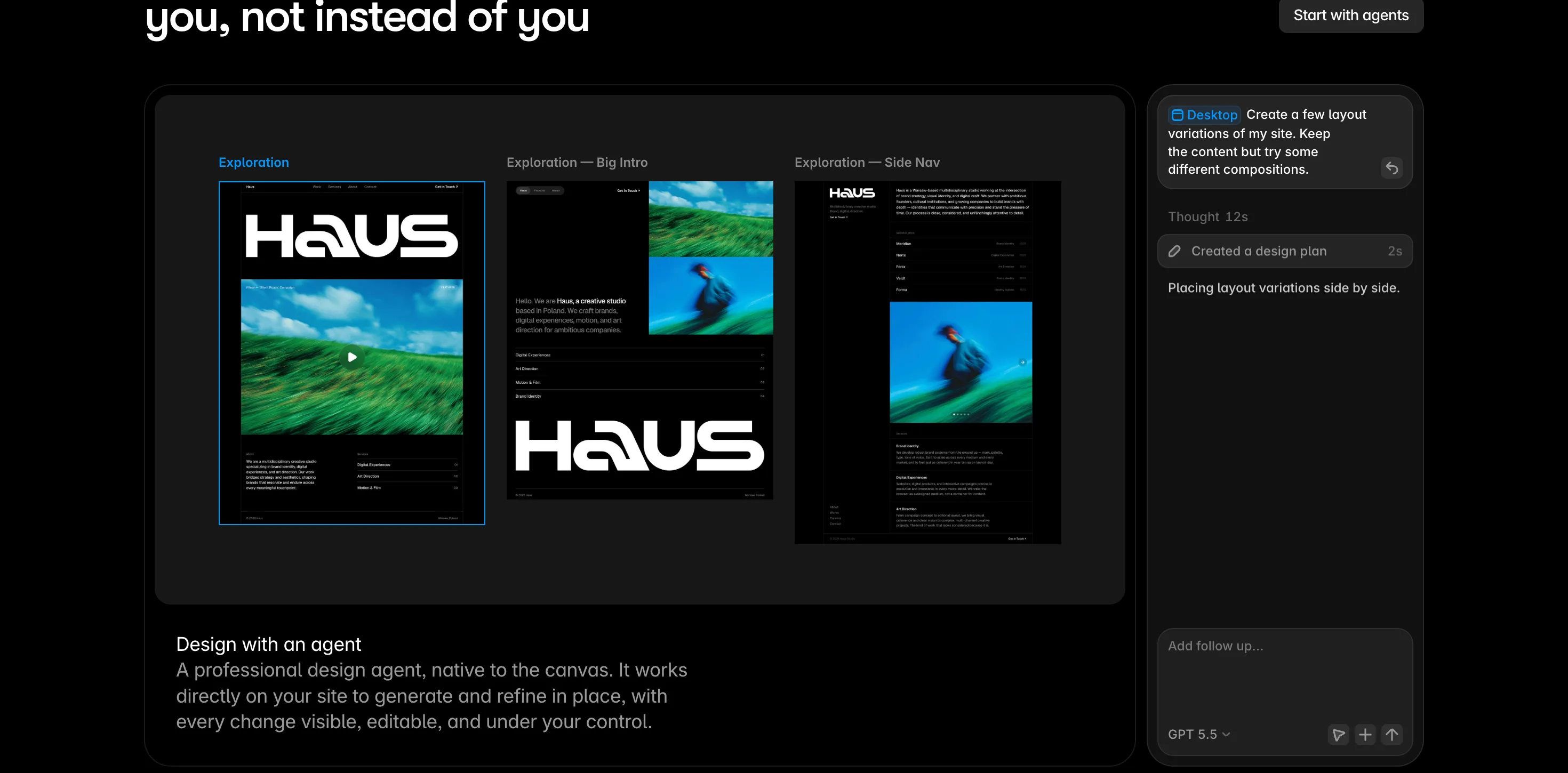 Framer : Feature · Agent design — Canvas d'explorations de layouts + panneau de chat IA