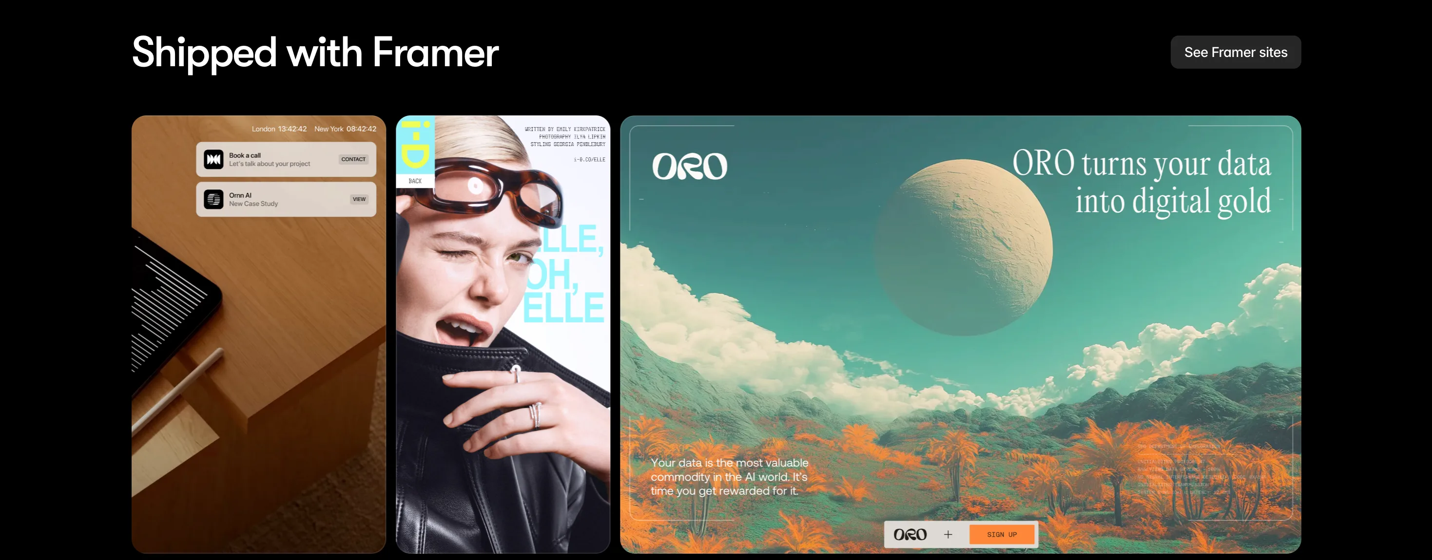 Framer : Réalisations · Galerie — Fond noir, titre + 3 cartes de sites livrés en formats mixtes