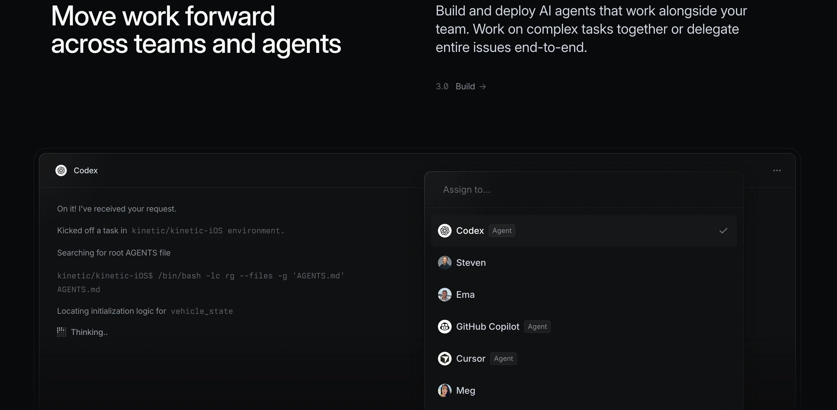 Linear : Feature · Agents — Fond noir, titre split gauche/droite, grande démo produit