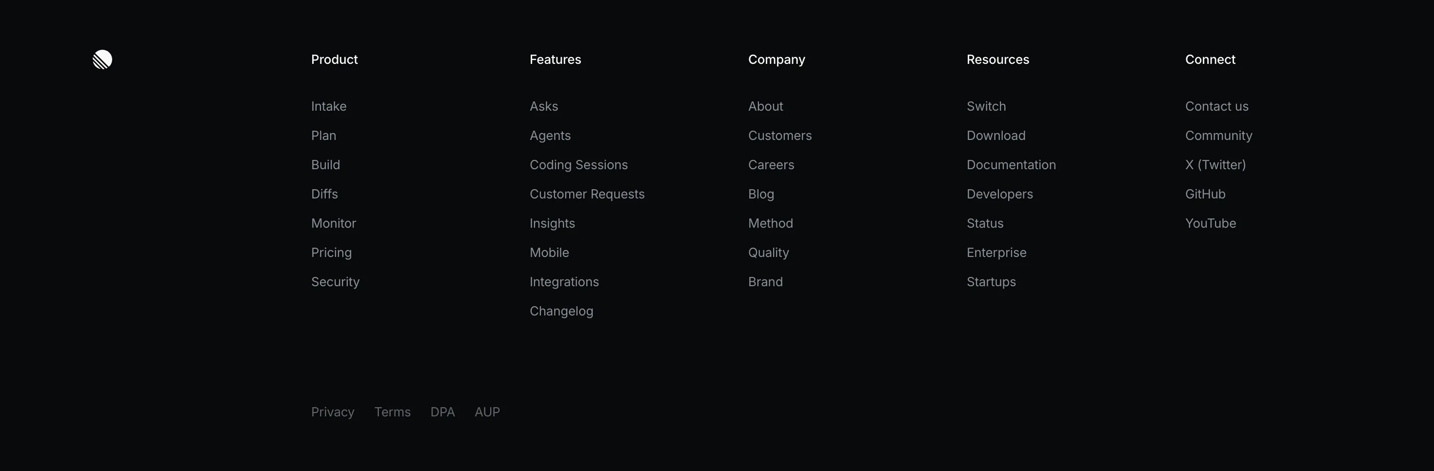 Linear : Footer — Fond noir, logo, 5 colonnes de liens, mentions légales