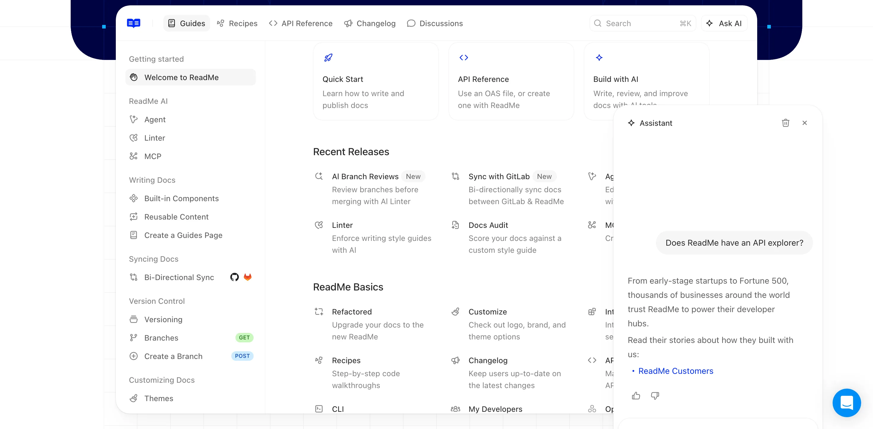 ReadMe : Feature · Démo produit — Interface de documentation plein écran avec assistant IA