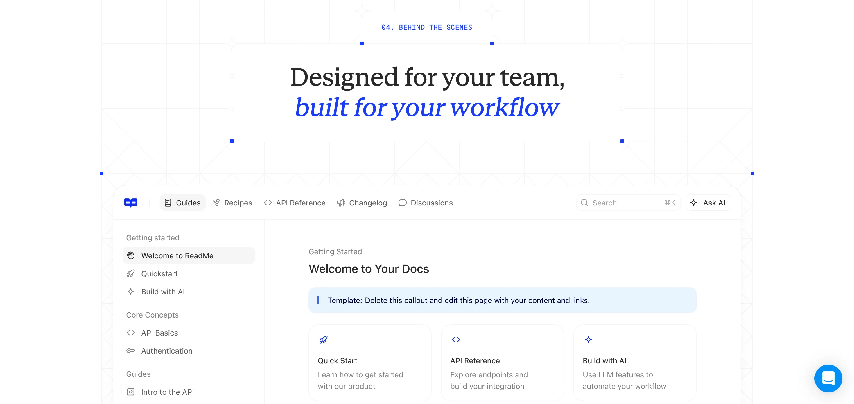 ReadMe : Feature · Workflow — Titre serif bicolore + grande démo de docs intégrée