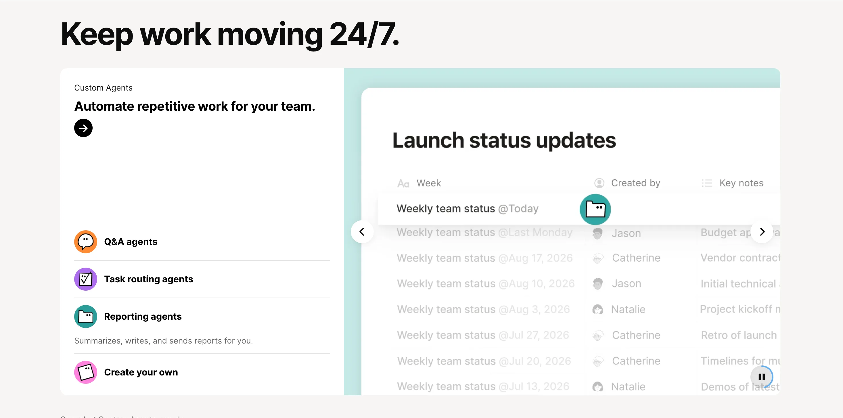 Notion : Feature · Agents — Titre punchy + liste d'items + démo produit