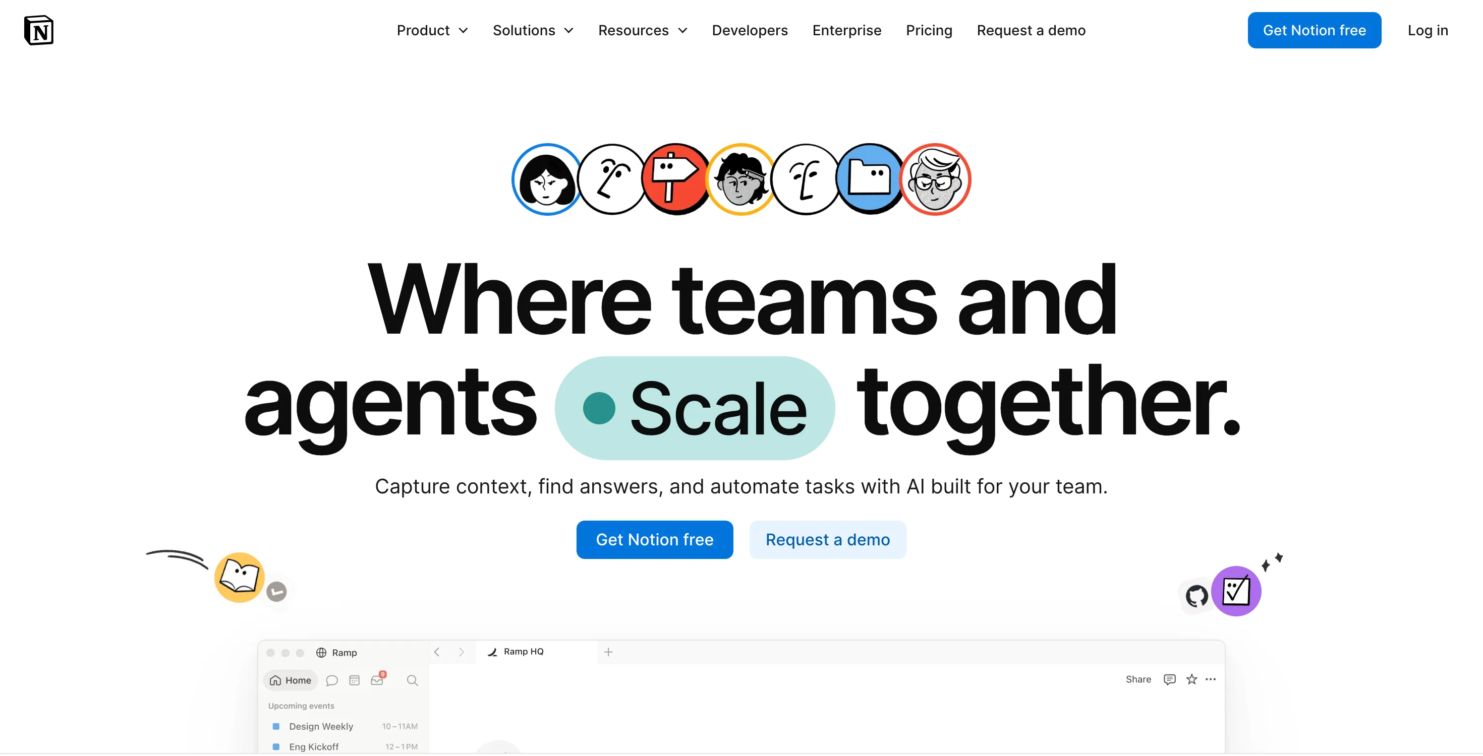 Notion : Hero — Nav, titre géant, avatars, double CTA