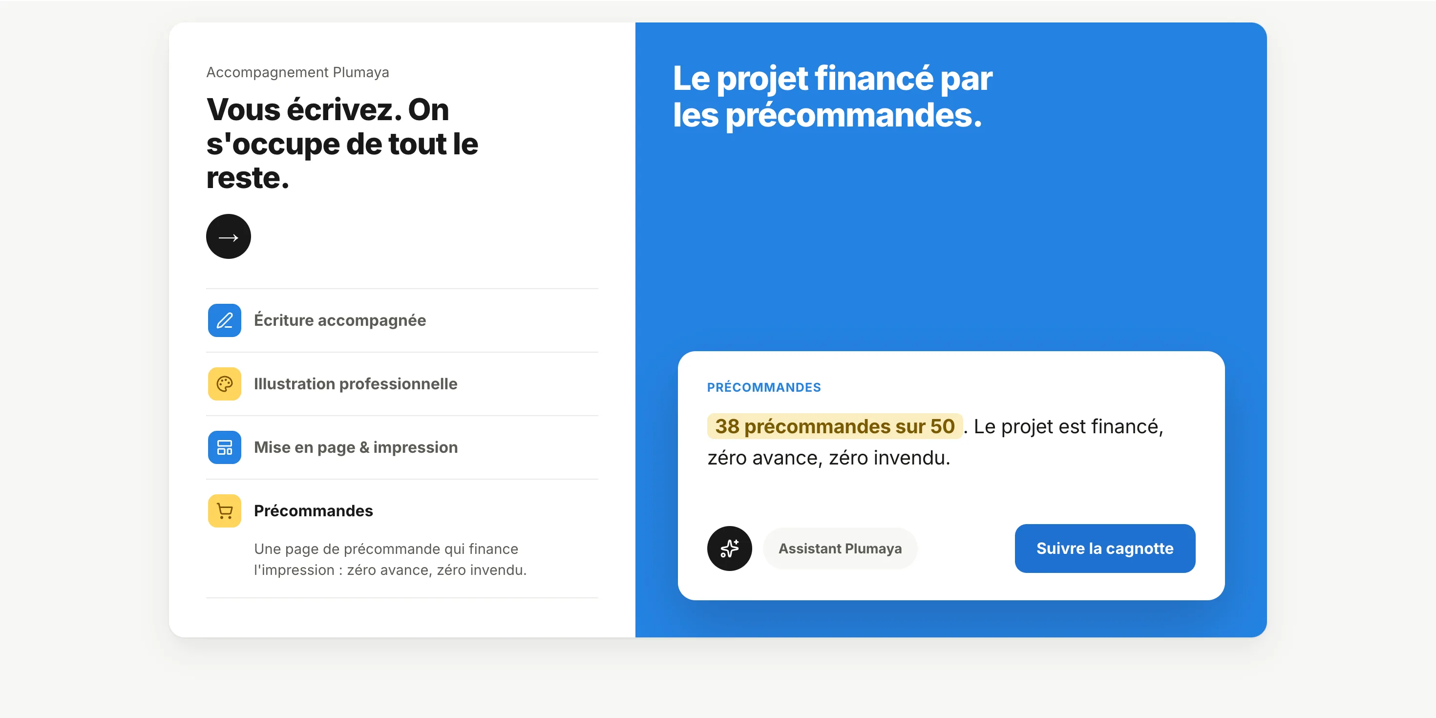 Plumaya : Feature · Accompagnement — Split blanc/bleu, liste d'étapes, carte précommandes