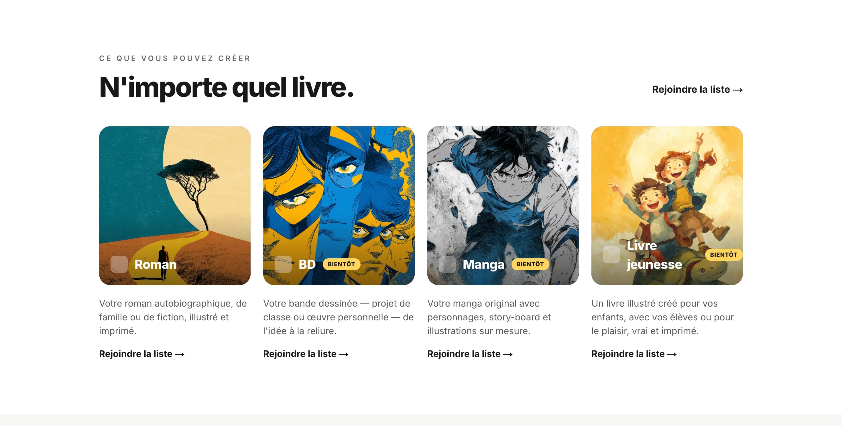 Plumaya : Feature · Formats — 4 cartes illustrées (Roman, BD, Manga, Jeunesse)