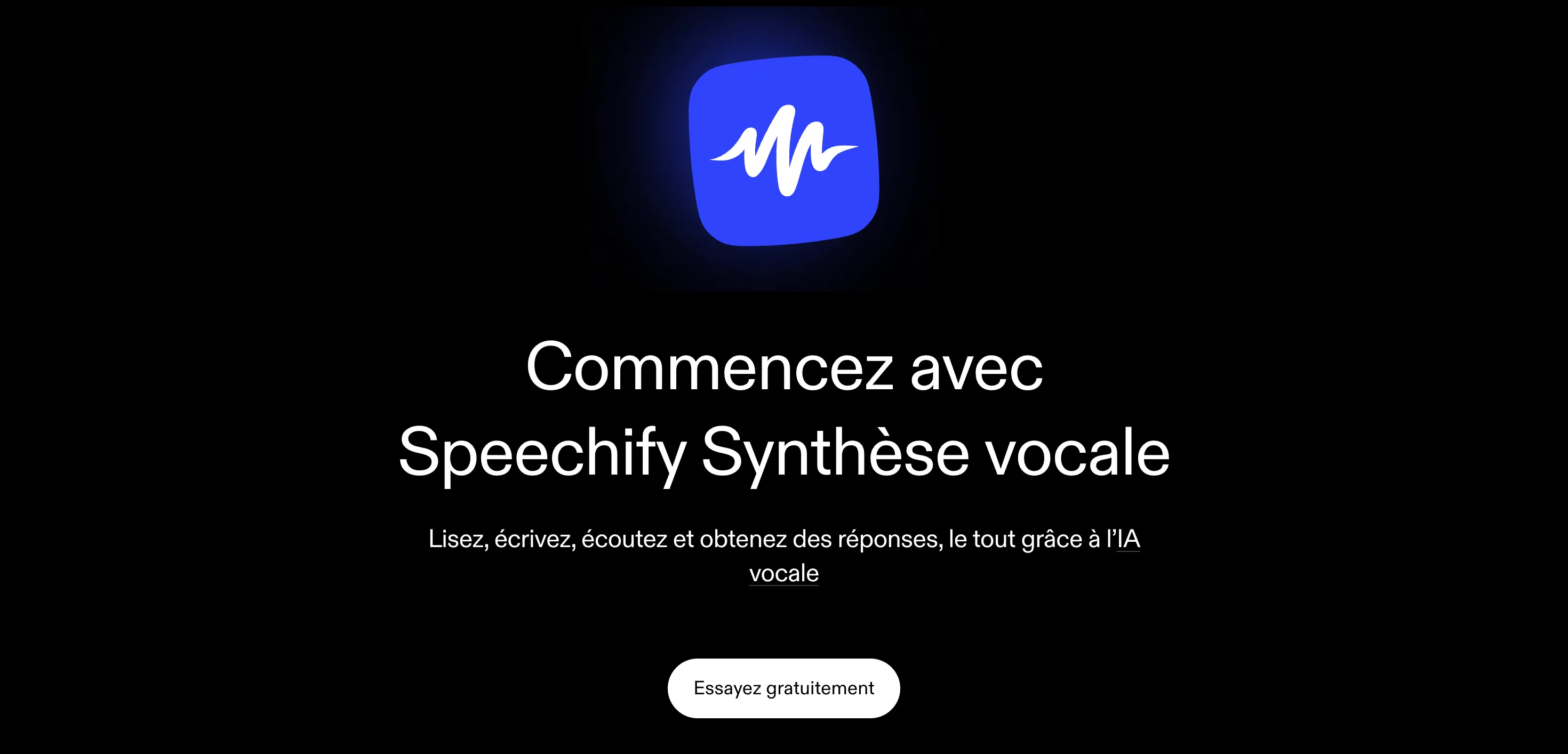 Speechify : Bandeau CTA — Logo lumineux, titre centré, bouton unique