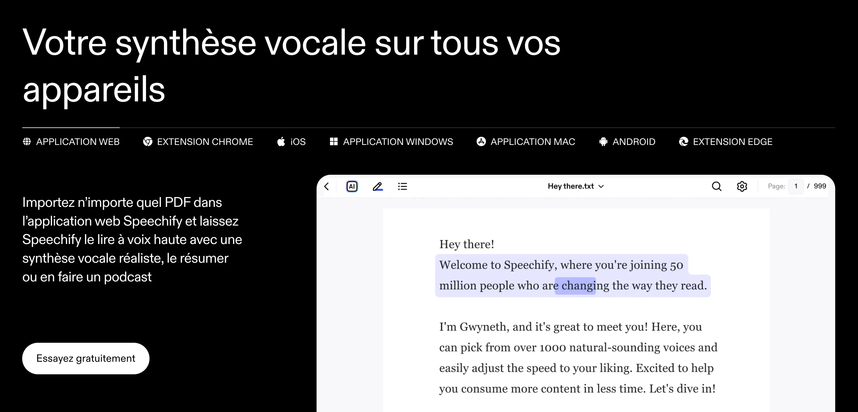 Speechify : Feature · Multi-appareils — Tabs plateformes + démo produit en split