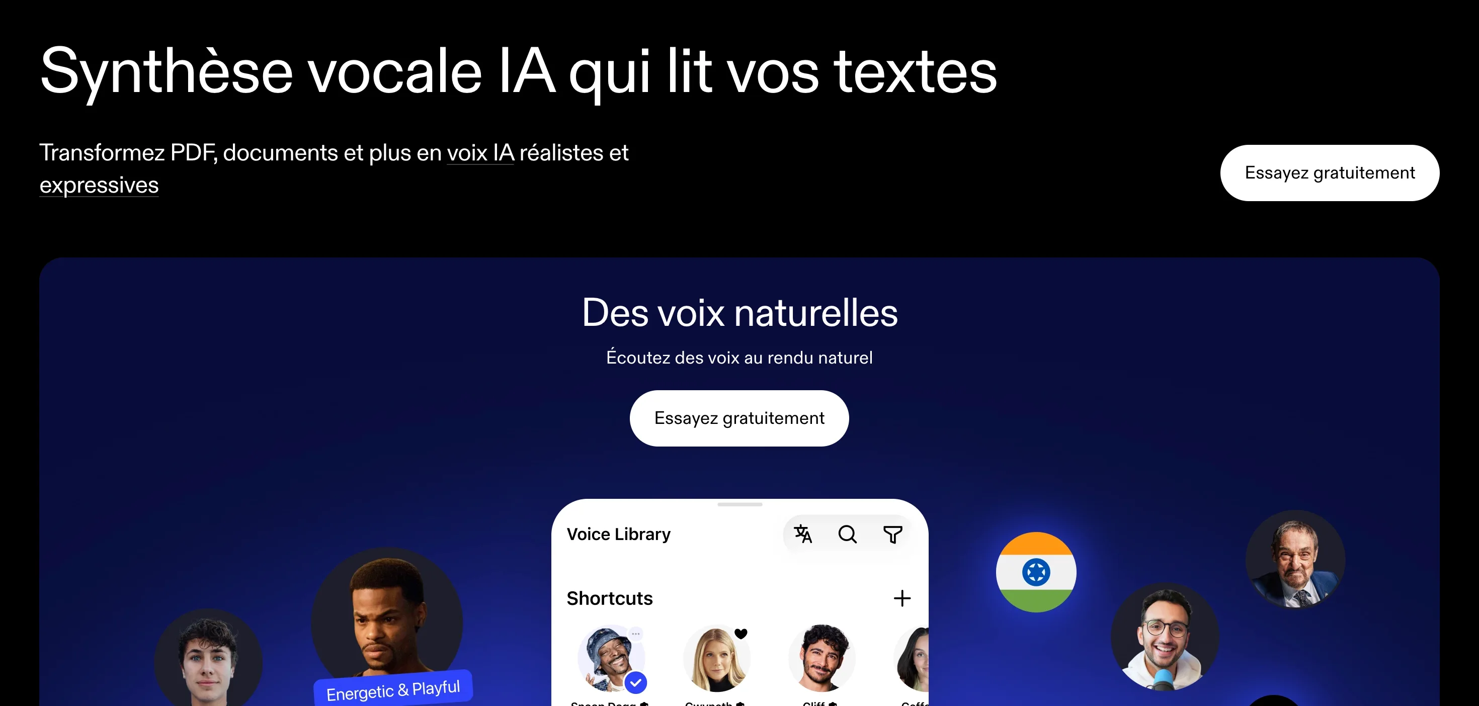 Speechify : Feature · Voix naturelles — Titre + grand panneau produit immersif