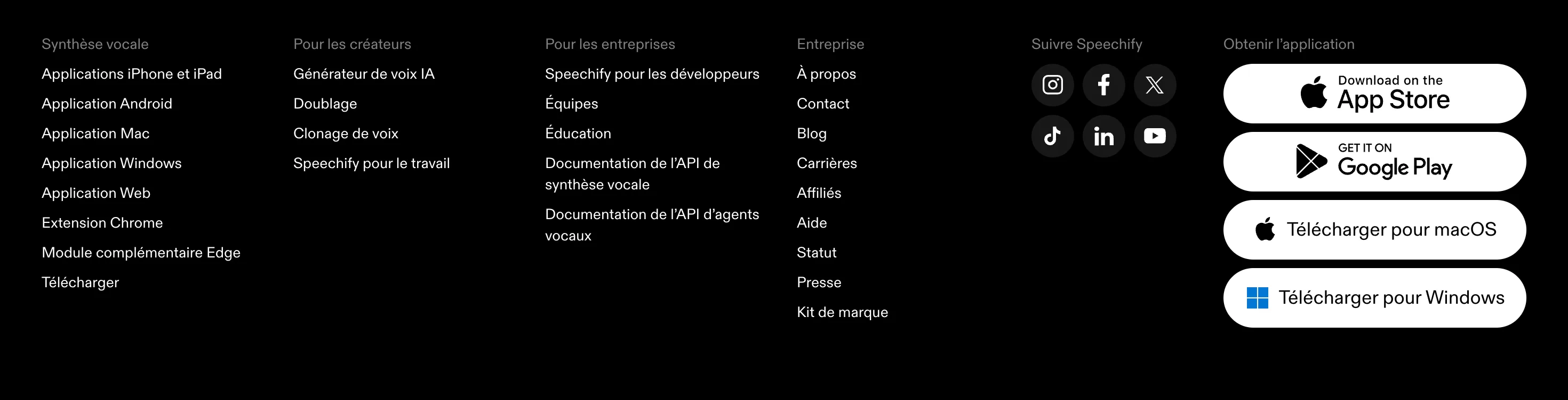 Speechify : Footer — 6 colonnes de liens + badges stores
