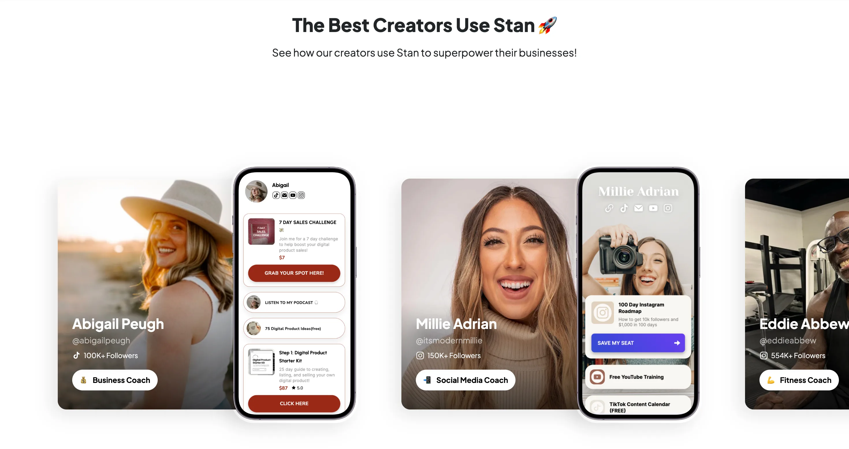 Stan : Clients · Créateurs — 3 grandes cartes créateurs, photo + téléphone + stats