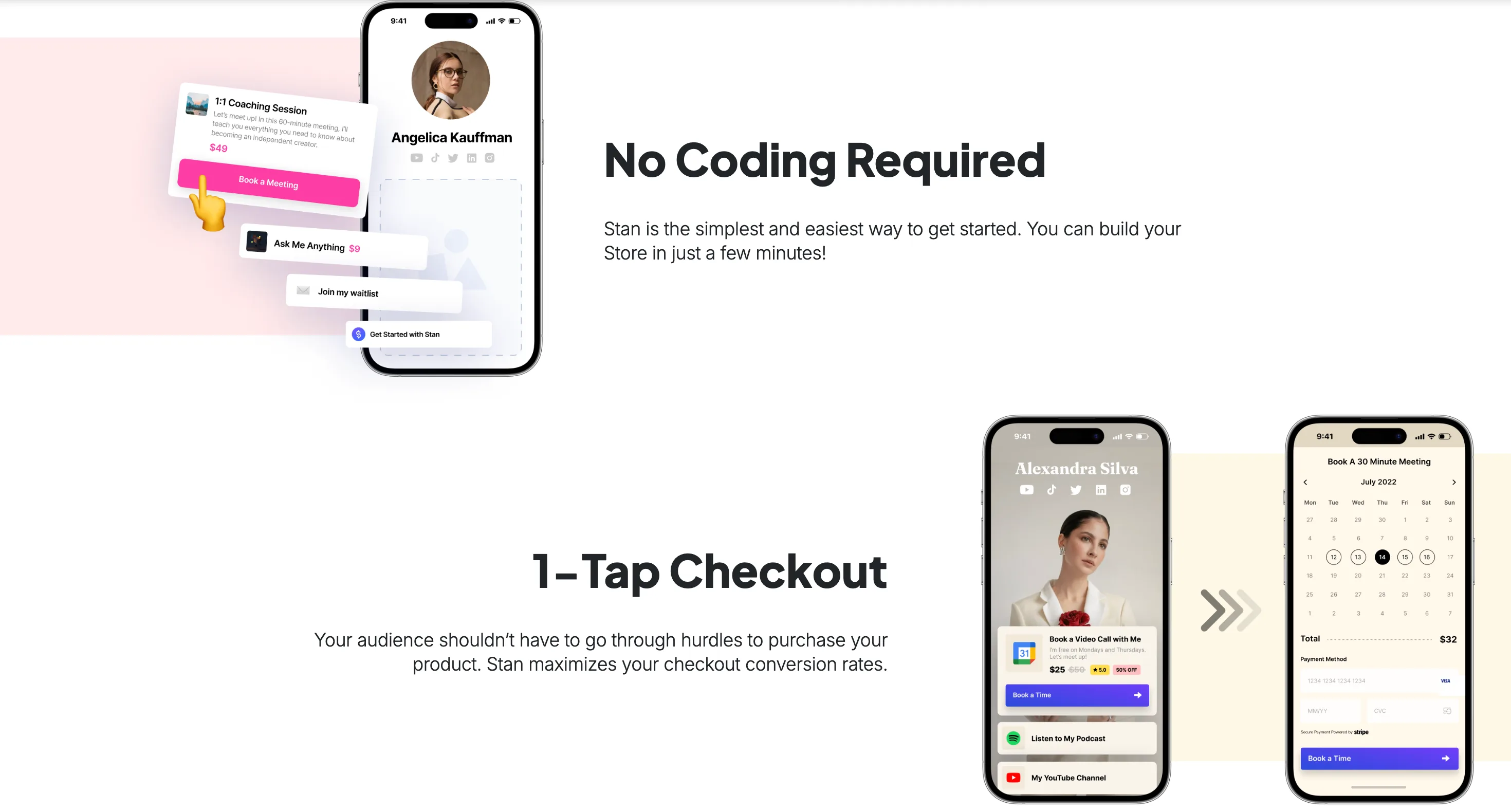 Stan : Features · Duo — Deux blocs alternés avec mockups téléphone, fonds pastel
