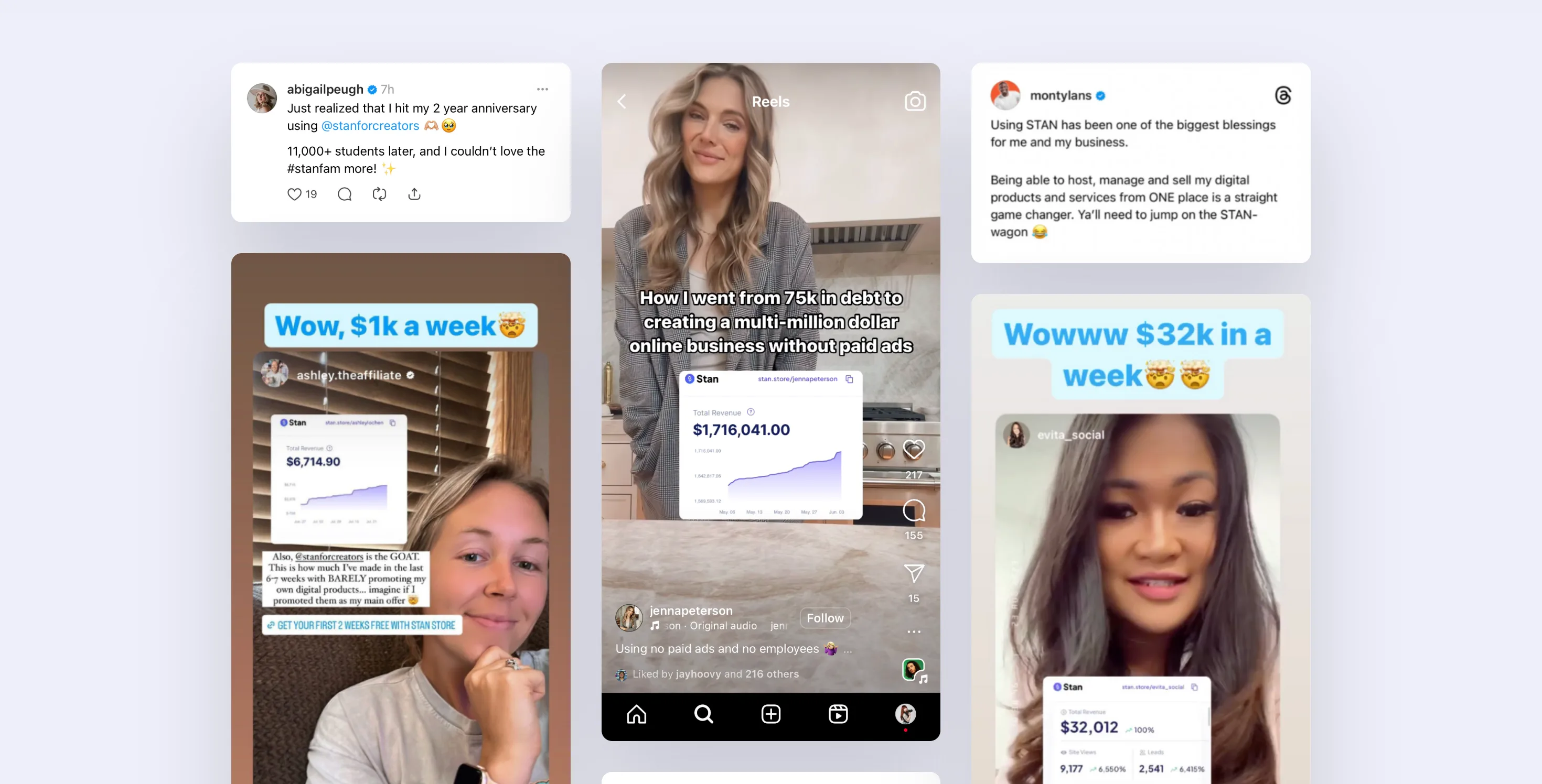 Stan : Preuve sociale · Mur — Mosaïque de posts et reels authentiques sur fond lavande