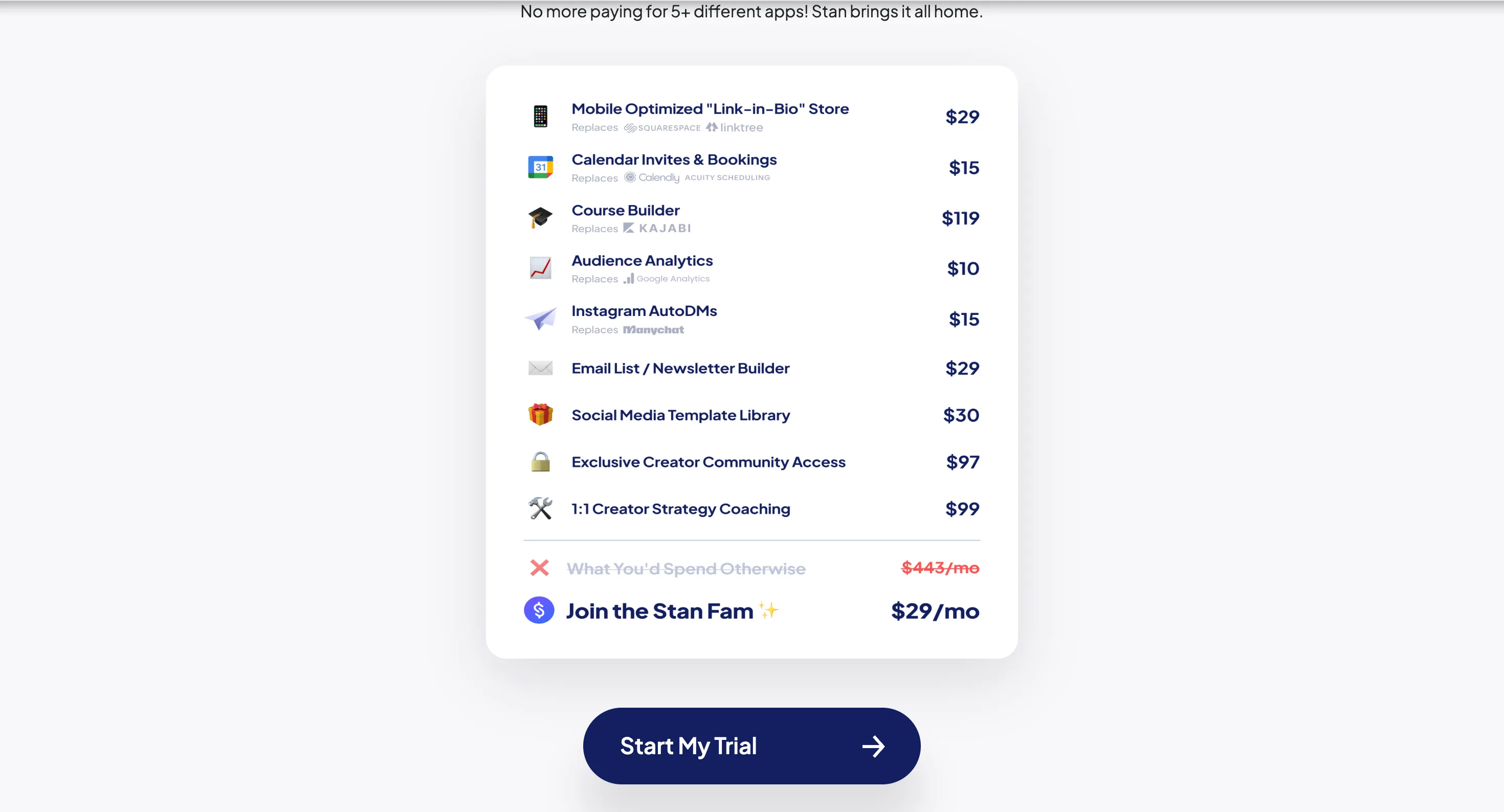 Stan : Tarifs · Comparatif — Carte qui empile la valeur remplacée, total barré, prix unique