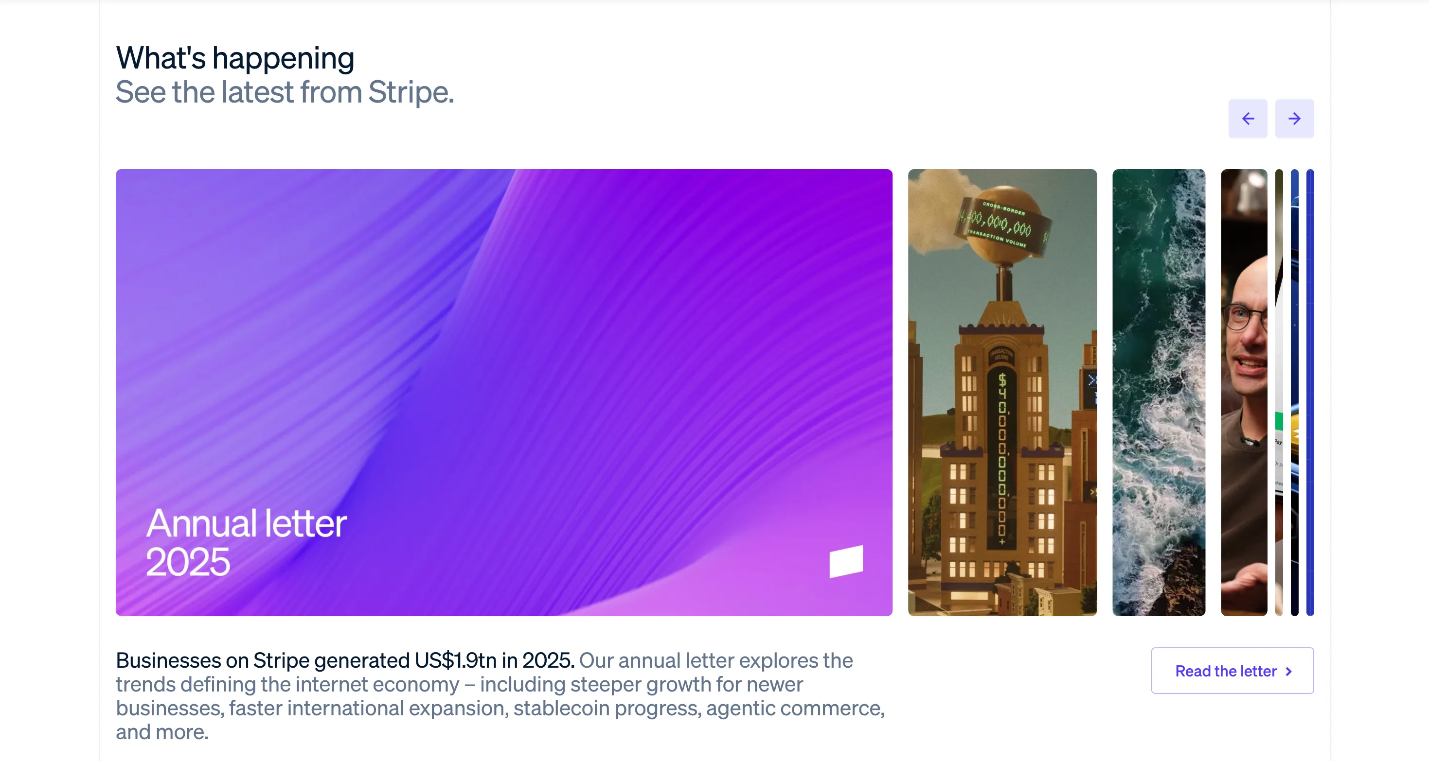 Stripe : Feature · Nouveautés — Titre + grand carrousel de cartes actu et vignettes