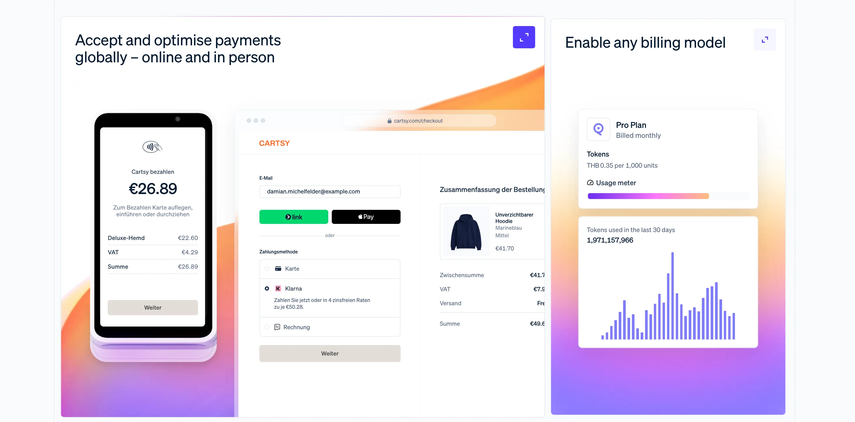 Stripe : Feature · Duo produit — Deux cartes démo côte à côte : checkout + facturation