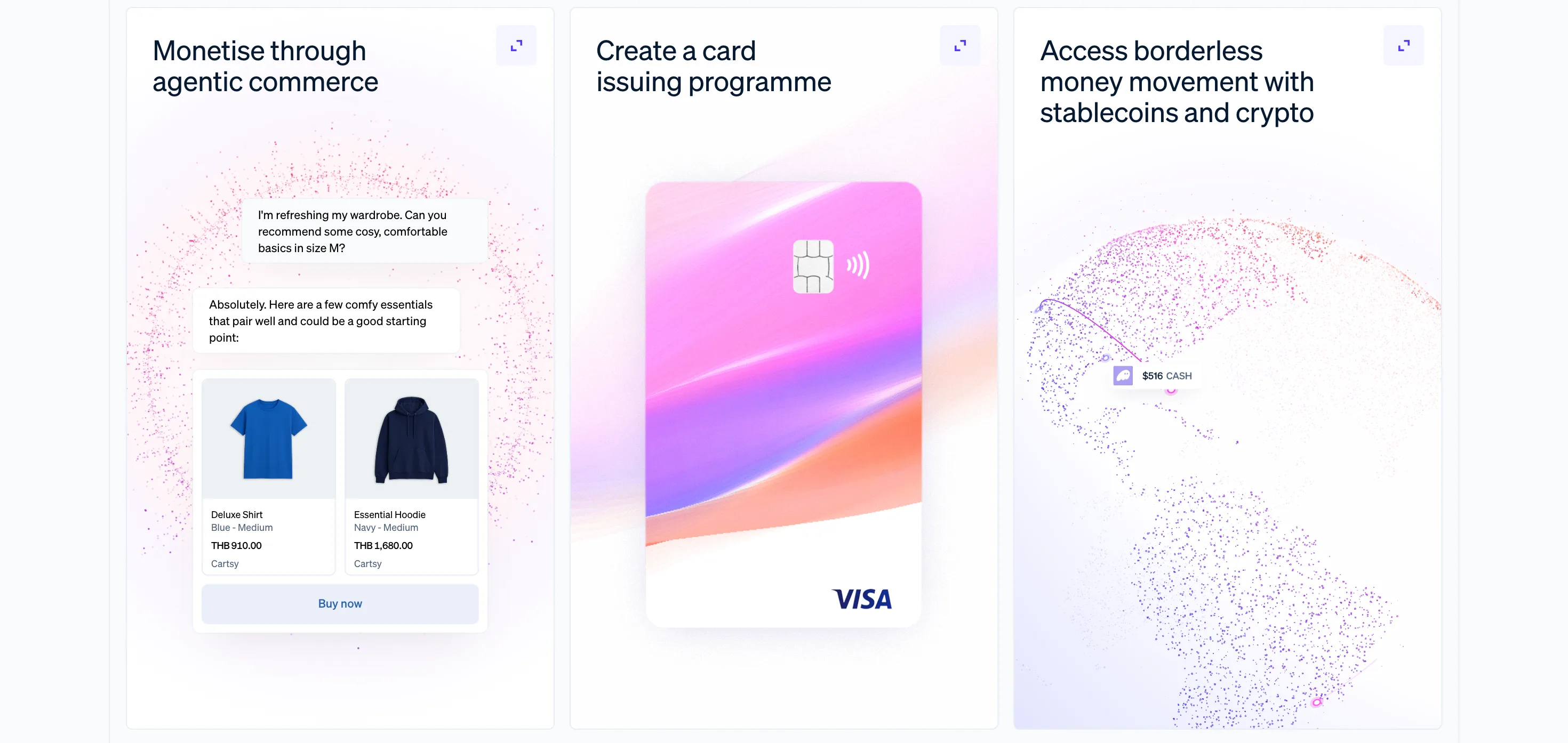 Stripe : Feature · Trio de cartes — 3 cartes produit illustrées, titre + visuel immersif