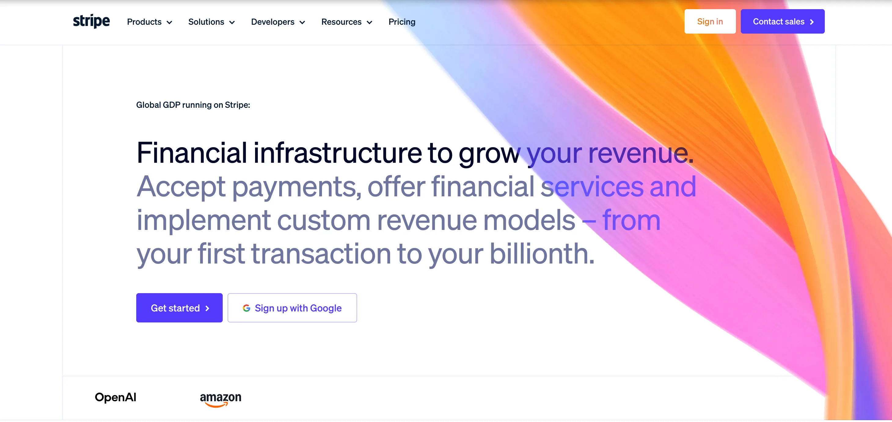 Stripe : Hero — Titre géant bicolore, double CTA, ruban dégradé plein écran