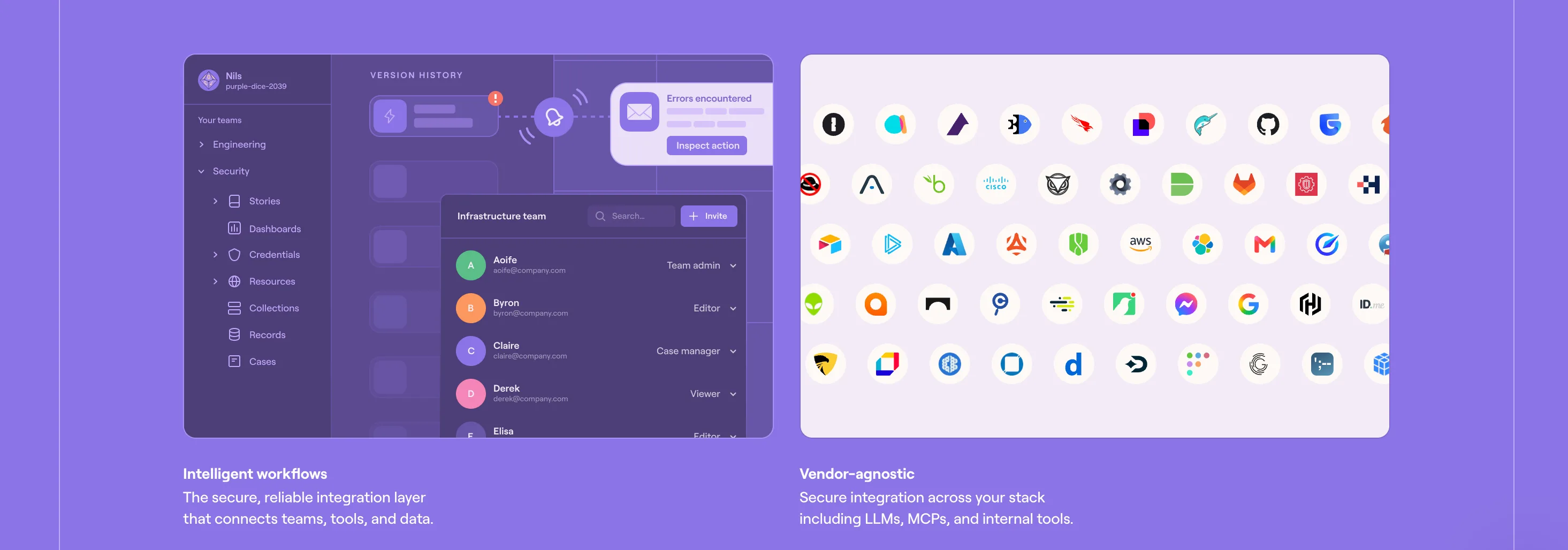 Tines : Feature · Plateforme — Deux cartes : interface produit détaillée et mur d'icônes d'intégrations