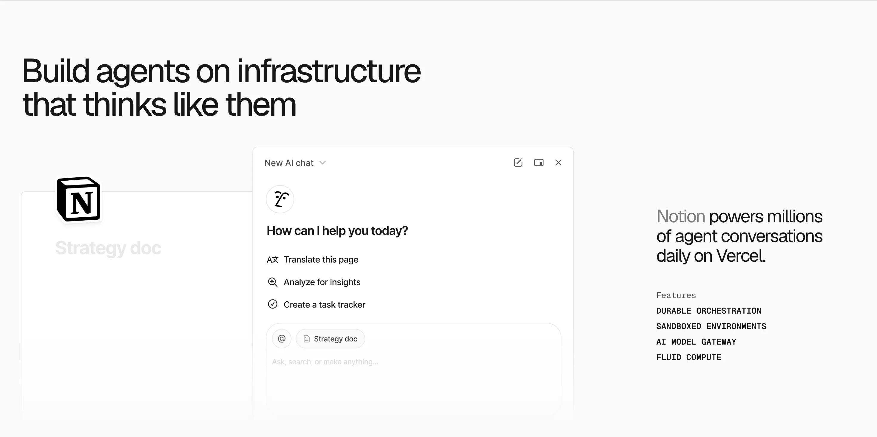 Vercel : Feature · Cas client — Grand titre, démo produit centrée, citation + liste features