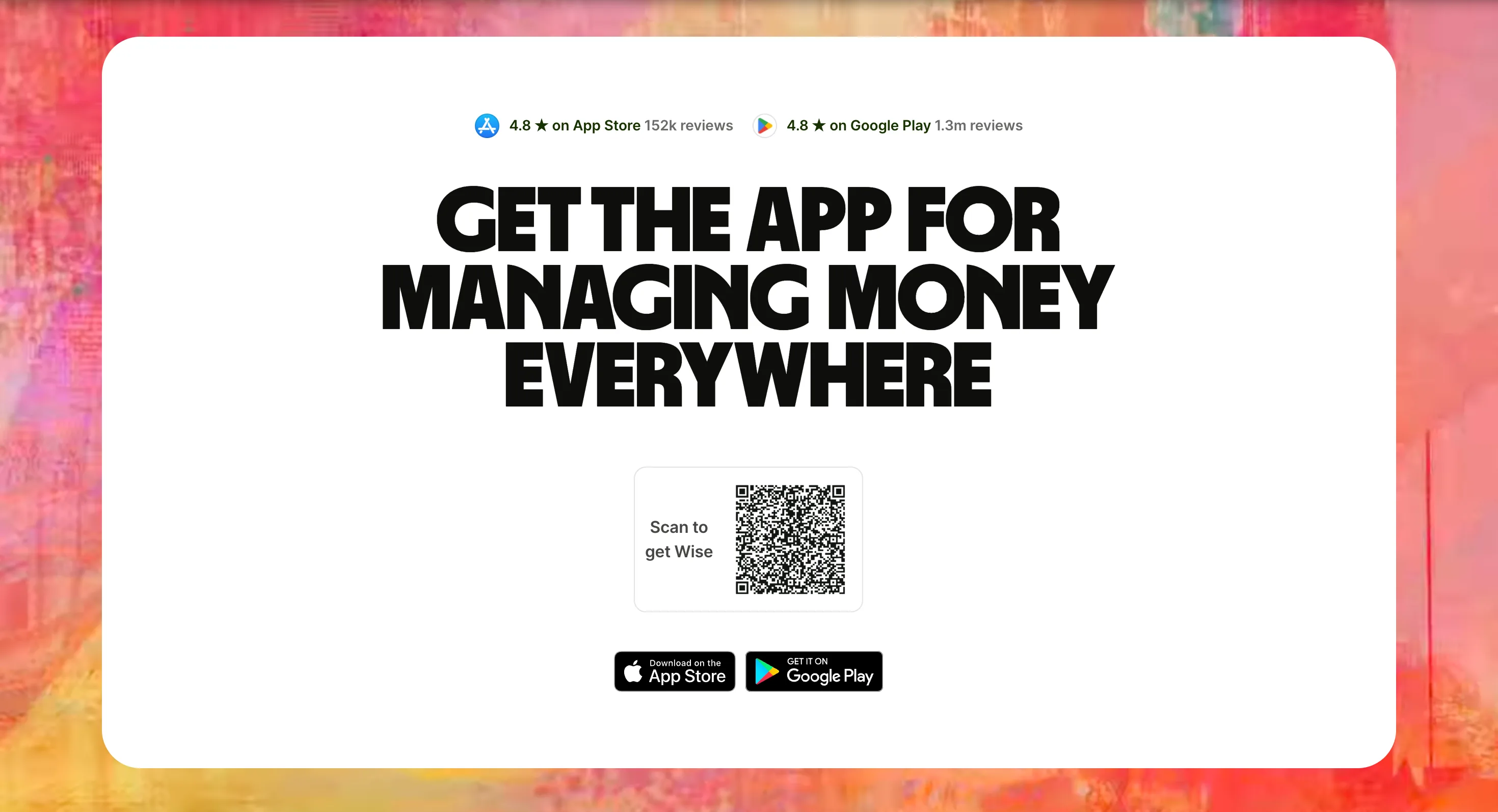 Wise : CTA · App — Titre uppercase, QR code, badges stores, fond artistique