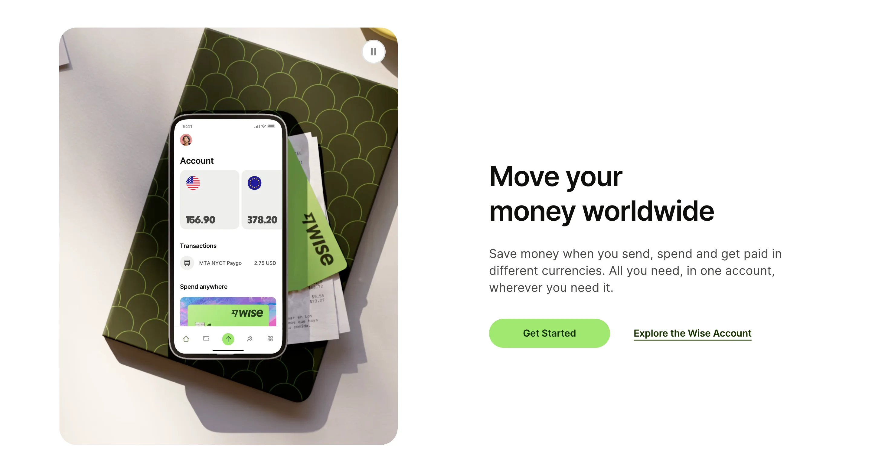 Wise : Feature · Compte multi-devises — Photo produit à gauche, texte + double CTA à droite