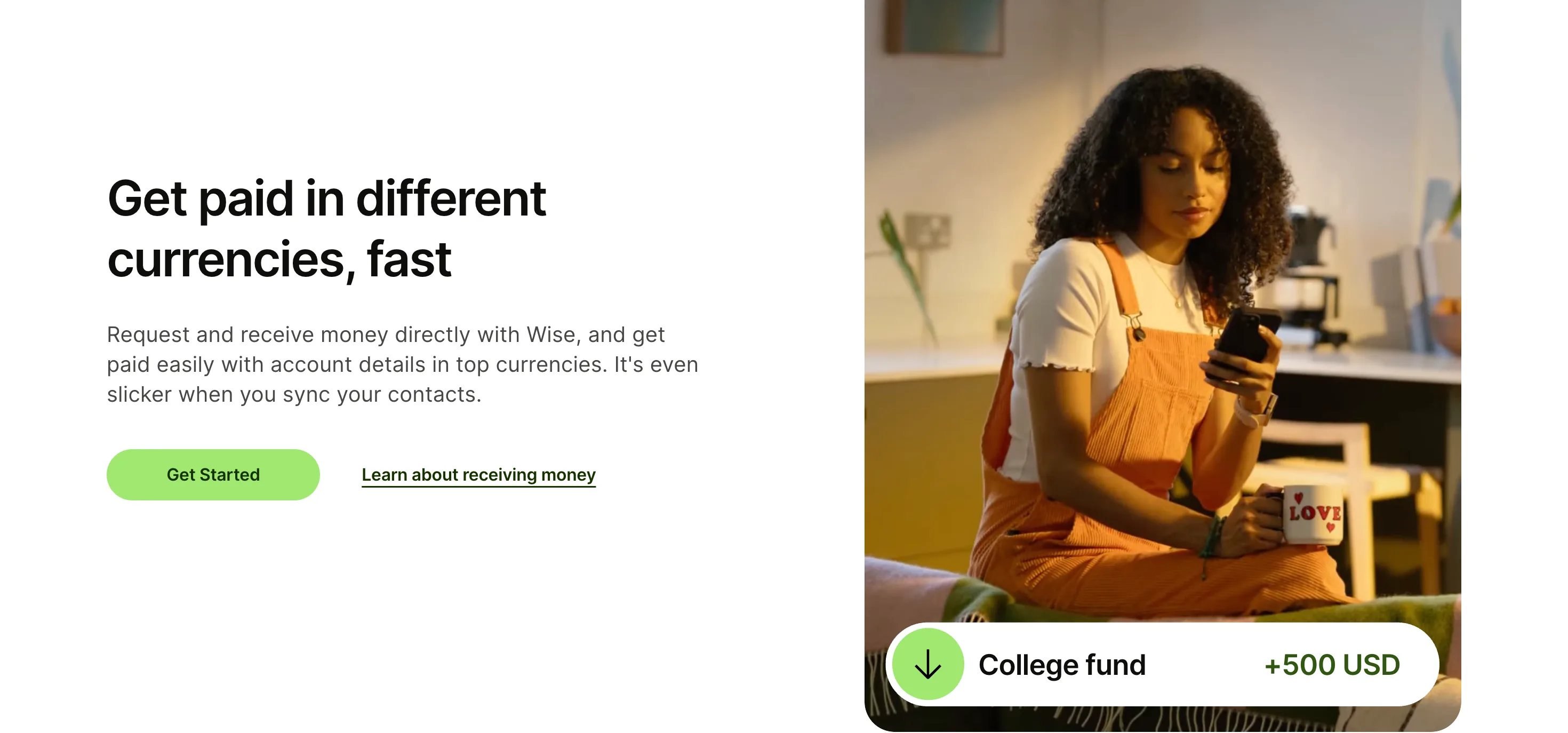 Wise : Feature · Paiements — Texte à gauche, photo lifestyle + widget à droite