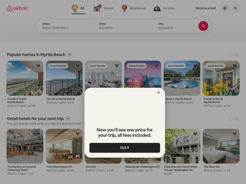 Page d'accueil de Airbnb